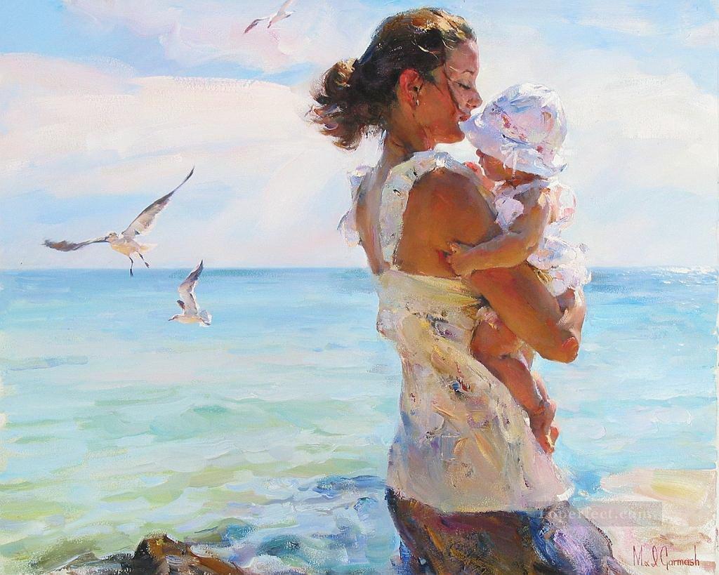 mother and baby on beach seagulls 44 Impressionist Oil Paintings